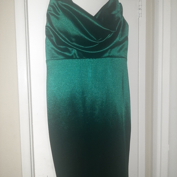 Long Satin Holiday Green Dress with Ruffled Neckline, Back Zipper - Picture 5 of 5
